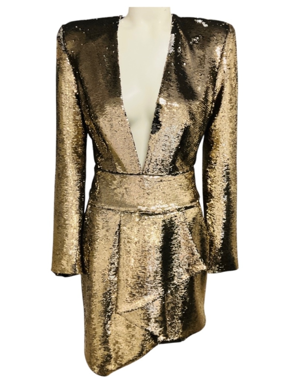 Alexandre Vauthier Gold Metallic Sequined Long Sleeved V-Neck Mini Cocktail Dres